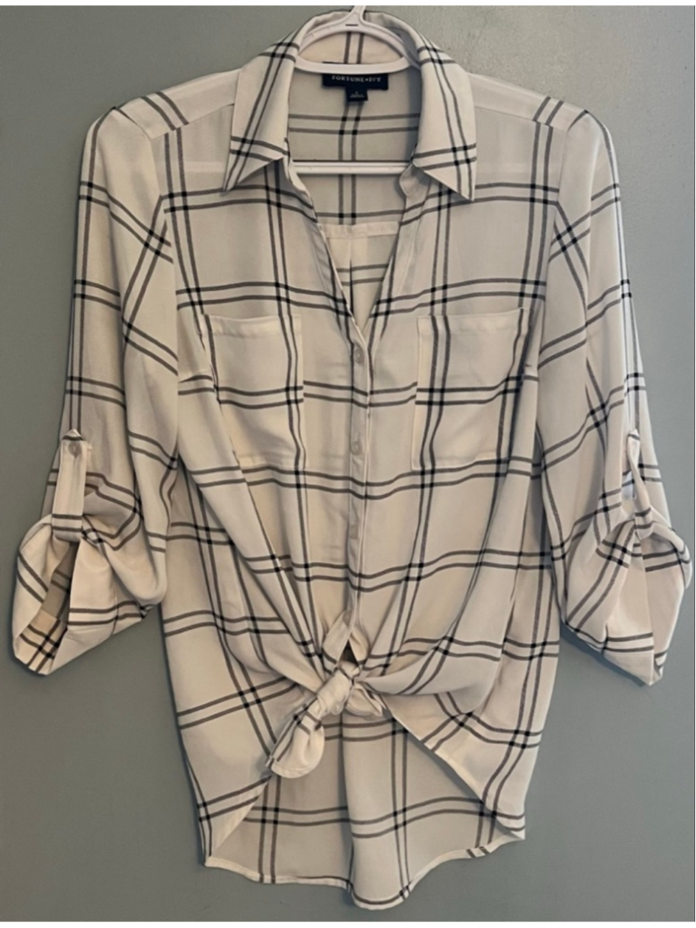 Women's FORTUNE + IVY White & Black Plaid Button Down Shirt S